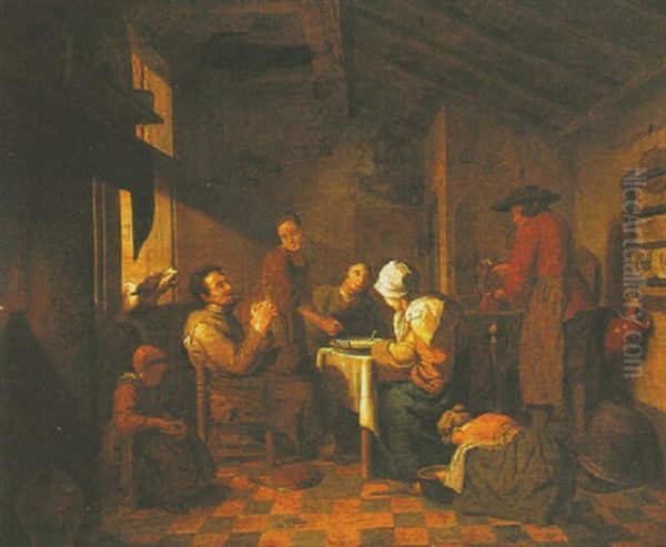 Peasants In An Interior Saying Grace Before The Meal Oil Painting by Jan Josef Horemans the Younger