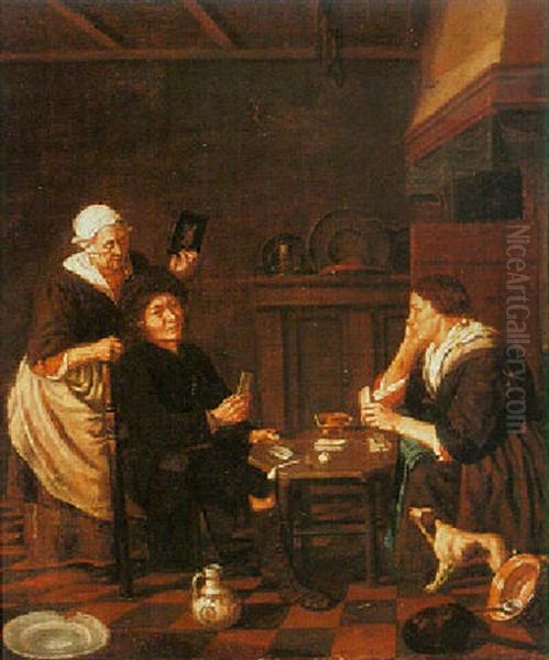 Two People Playing Cards And Another Holding Up A Mirror Oil Painting by Jan Josef Horemans the Younger