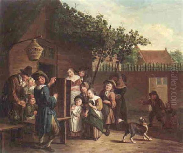 Children Watching A Peep Show In A Village Courtyard Oil Painting by Jan Josef Horemans the Younger