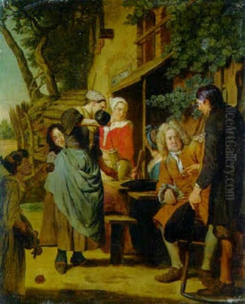 A Maid Pouring Wine For Viallagers Outside An Inn Oil Painting by Jan Josef Horemans the Younger