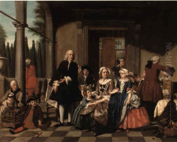 Portrait Of A Family Dining On A Portico, A Formal Garden Beyond Oil Painting by Jan Josef Horemans the Younger