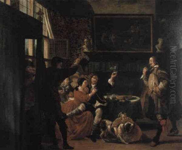 Elegant Company Merrymaking In A Bourgeois Interior Oil Painting by Jan Josef Horemans the Younger