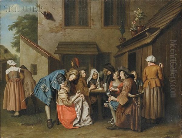 Figures Gathered In A Tavern Courtyard Oil Painting by Peter Horemans