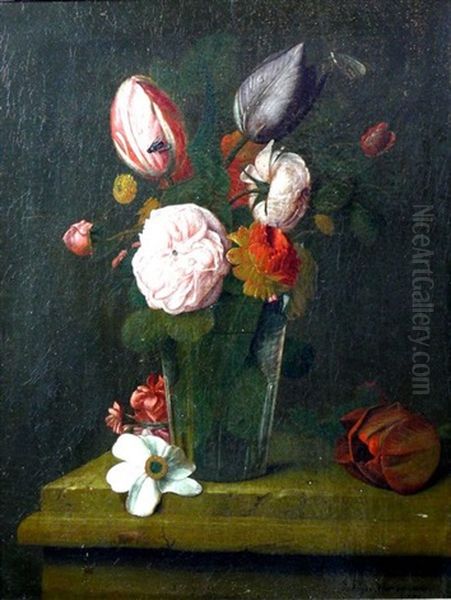 Blumenstillleben Mit Tulpen, Pfingstrosen Und Einer Fliege In Einer Glasvase Oil Painting by Pieter Jacob Horemans