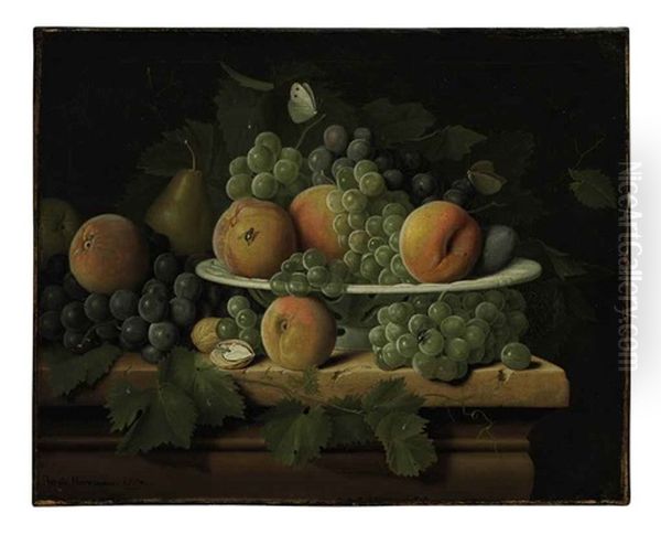 Peaches, Grapes And A Pear In A Ceramic Dish On A Stone Ledge With A Pear, Walnuts, Butterflies And A Fly Oil Painting by Pieter Jacob Horemans