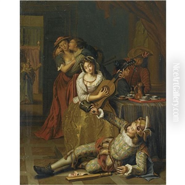 A Merry Company In An Interior With A Drinking Jester Laying On The Ground, A Woman Playing The Guitar, And An Amorous Couple Beyond Oil Painting by Pieter Jacob Horemans