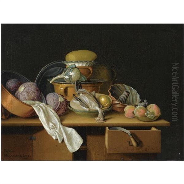 A Kitchen Still Life With Cabbages In A Pewter Pot, A Cauliflower On A Pewter Plate, A Chicken And A Pear In A Bowl, Peaches And Grapes In A Bowl, All On A Wooden Table Oil Painting by Pieter Jacob Horemans