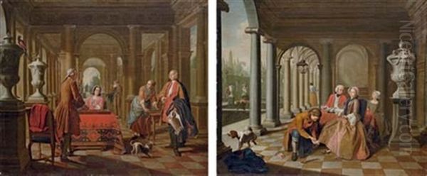 An Elegant Couple Playing Tric-trac In A Loggia (+ An Elegant Couple Taking Tea In A Loggia; Pair) Oil Painting by Pieter Jacob Horemans