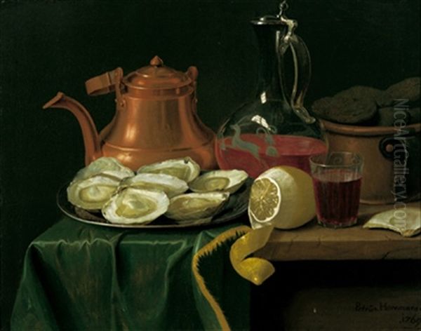 Stillleben Mit Austern, Zitrone, Einer Karaffe Mit Wein Und Einem Kupfernen Krug Oil Painting by Pieter Jacob Horemans