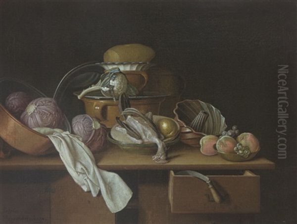 A Kitchen Still Life With Cabbages And A Cauliflower In Pewter Pots, A Chicken And A Pear In A Bowl And Peaches And Grapes In A Bowl, All On A Wooden Table Oil Painting by Pieter Jacob Horemans