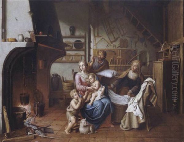 Die Heilige Familie Mit Der Heiligen Elisabeth Und Dem Johannesknaben In Der Zimmermannswerkstatt Des Nahrvaters Josef Oil Painting by Pieter Jacob Horemans