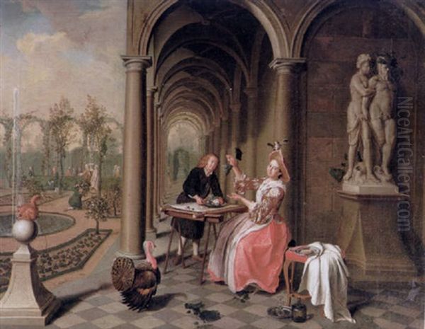 The Colonnade Of A Country House With A Lady Seated Beside A Statue Being Served A Dish Of Fruit Oil Painting by Pieter Jacob Horemans