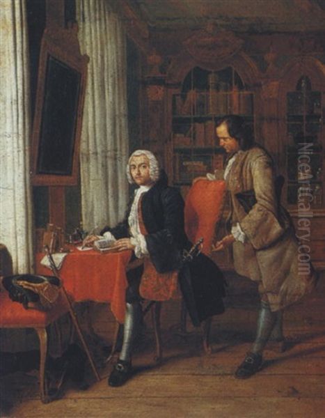 Two Gentlemen In A Library, One Seated At A Desk Writing Oil Painting by Pieter Jacob Horemans