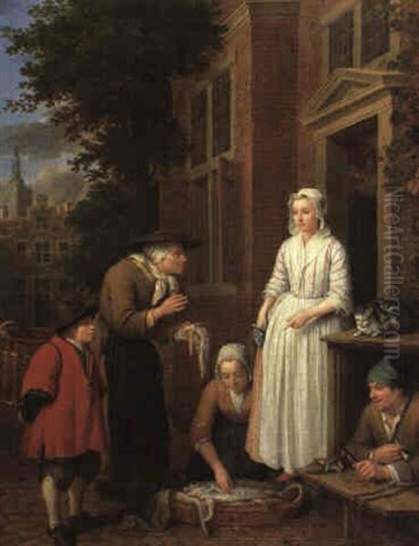 Fishmongers And A Cobbler Outside A Town House Oil Painting by Pieter Jacob Horemans