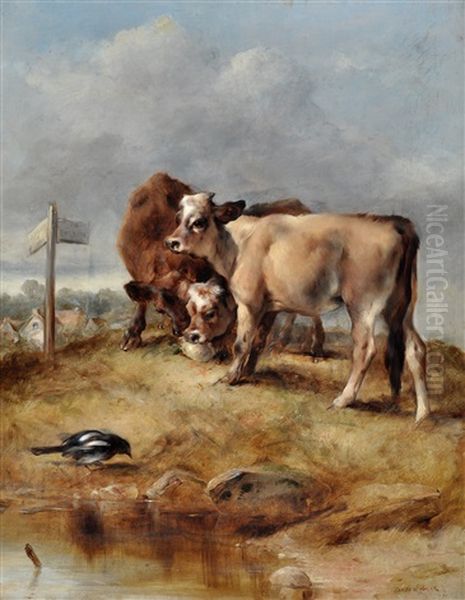 Three Calves By A Signpost On The Road To Dorking Oil Painting by George William Horlor