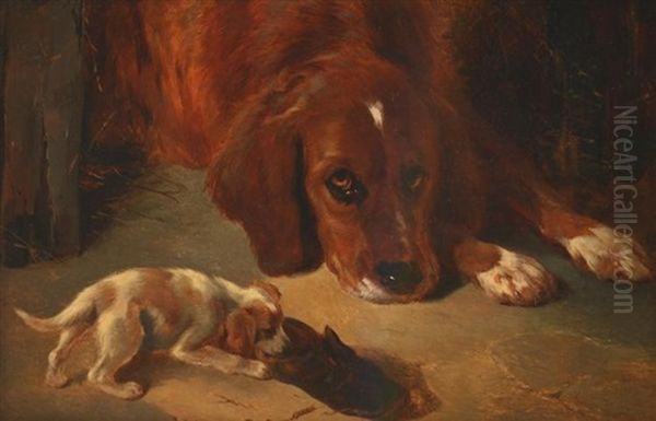 Playful Puppies Oil Painting by George William Horlor