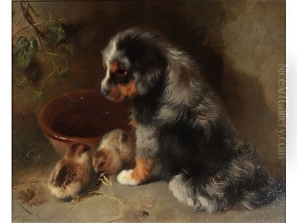 Companionship' (a Dog And Two Chicks) Oil Painting by George William Horlor