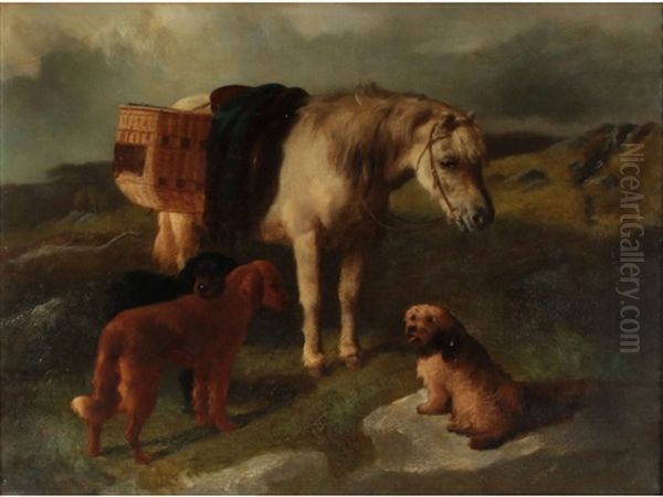 A Pony And Three Dogs In A Highland Landscape Oil Painting by George William Horlor