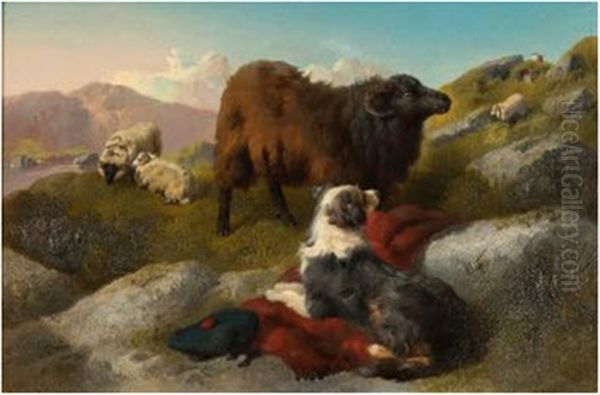 'watching The Flock'; A Sheepdog In The Highlands Oil Painting by George William Horlor