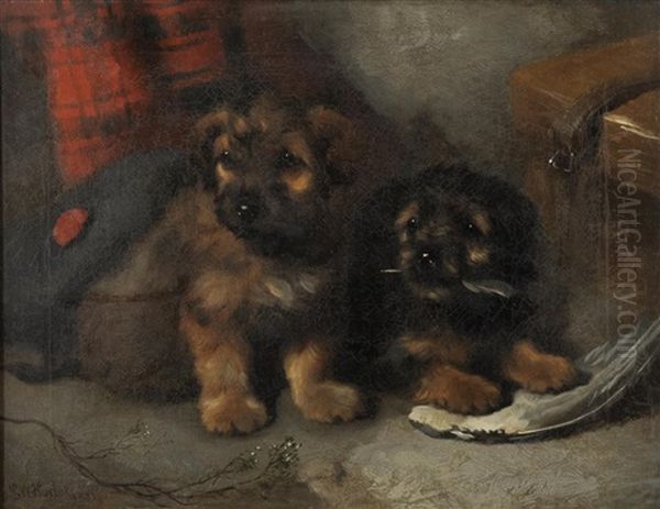 Two Terriers Beside A Gamekeeper's Bag And A Tam O'shanter Oil Painting by George William Horlor