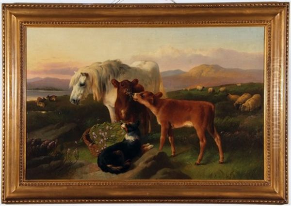 Highland Scene With White Pony, Calves And Collie Dog Oil Painting by George William Horlor