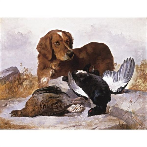 A Setter With Game Birds In A Highland Landscape Oil Painting by George William Horlor