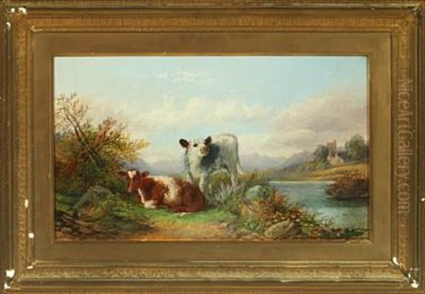 Mountain Landscape With Calves Oil Painting by George William Horlor