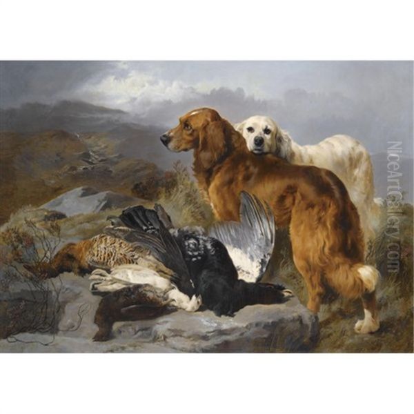 A Retriever And Setter With Capercaillie, Ptarmigan And Grouse Oil Painting by George William Horlor