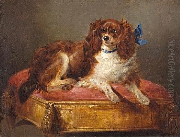 Spaniel On A Footstool Oil Painting by George William Horlor