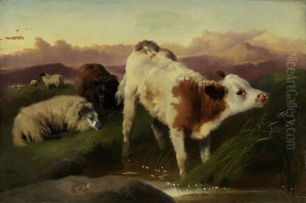 Weidende Hochlandkuh Und -schaf Oil Painting by George William Horlor