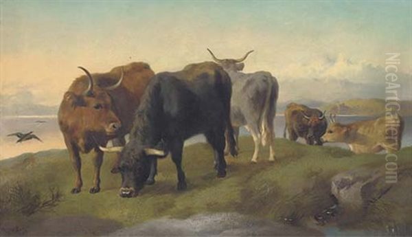 Highland Cattle Grazing By A Loch Oil Painting by George William Horlor