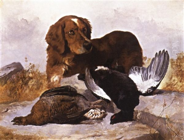 A Setter With Game Birds In A Highland Landscape Oil Painting by George William Horlor