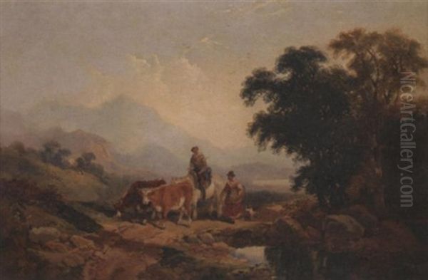 Cows And Farmers In A Landscape Oil Painting by George William Horlor