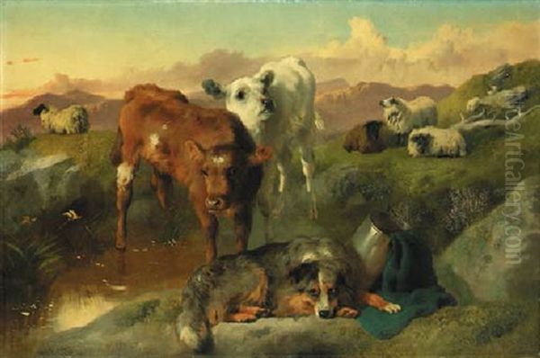 Calves And Black-faced Ewes With A Sheepdog Oil Painting by George William Horlor