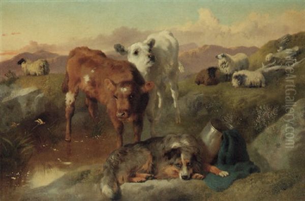 Calves And Black Face Ewes With A Sheepdog Oil Painting by George William Horlor