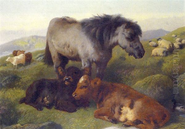 Cattle, Sheep And Pony Resting In A Landscape Oil Painting by George William Horlor