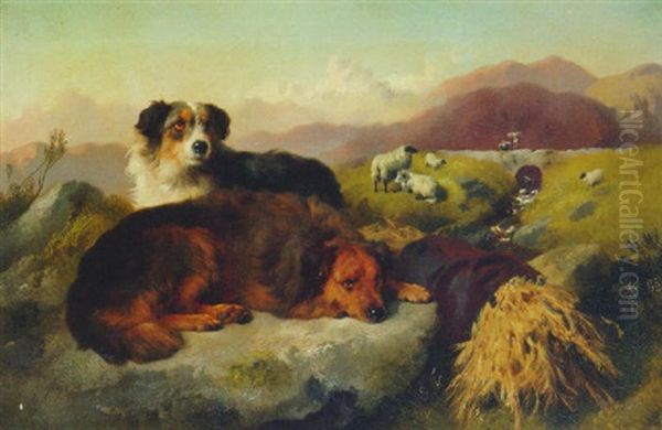 Sheepdogs Resting In A Mountainous Landscape Oil Painting by George William Horlor