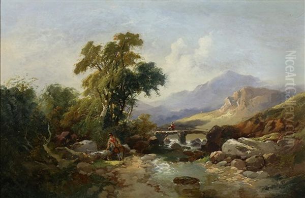 Figures By A Mountain Stream Oil Painting by Joseph Horlor