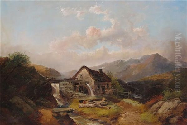 Rustics On A Bridge And Cattle By A Lake; A Highland Watermill (2 Works) by Joseph Horlor