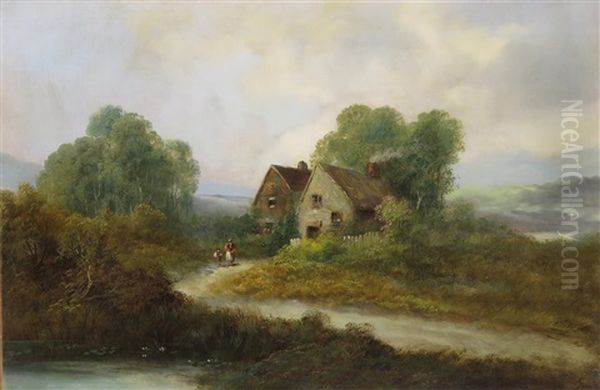 A Mother And Children By A Country Cottage Oil Painting by Joseph Horlor