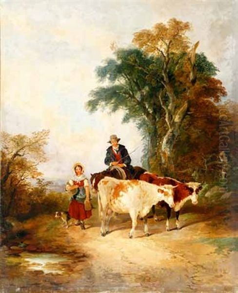 Boy And Girl With Cattle, Horse And Dog, Returning Home On A Country Path Oil Painting by Joseph Horlor