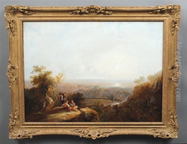 Figures Resting Overlooking A River And Coast Oil Painting by Joseph Horlor