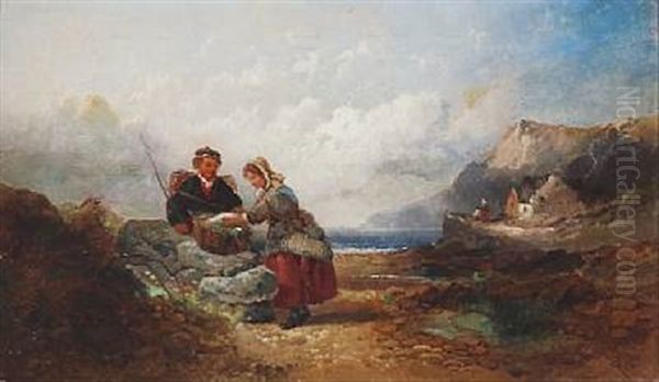 Welsh Coastal Scene With A Fisherman And His Wife Oil Painting by Joseph Horlor