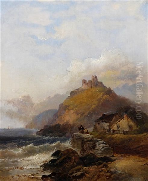 Criccieth Castle, With Fisherfolk On The Shore Before by Joseph Horlor