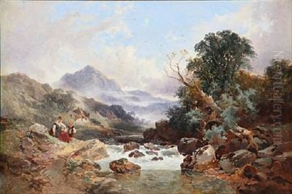 Welsh Landscape With A Woman And A Child Oil Painting by Joseph Horlor