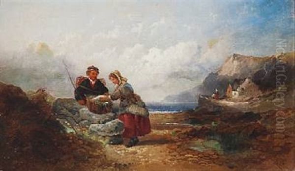 Welsh Coastal Scene With A Fisherman And His Wife Oil Painting by Joseph Horlor