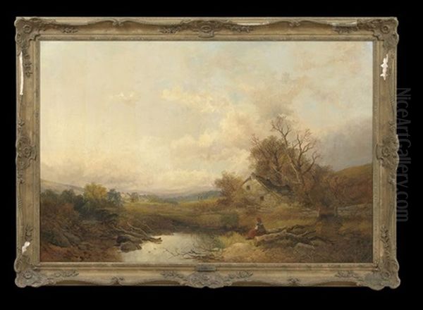 Landscape With A Woman Sitting On A Tree Branch Next To A Pond And A Cottage Oil Painting by Joseph Horlor