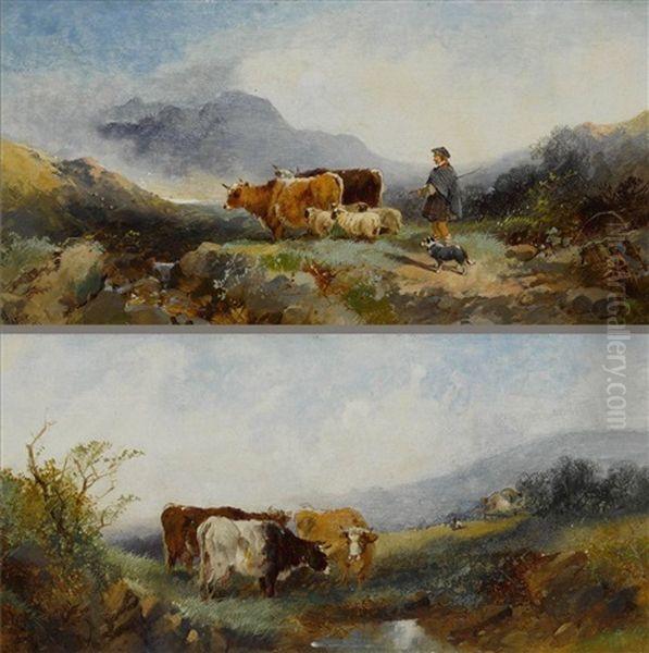 Hirte Mit Vieh Im Schottischen Hochland (+ Rinder Am Wasser; Pair) by Joseph Horlor