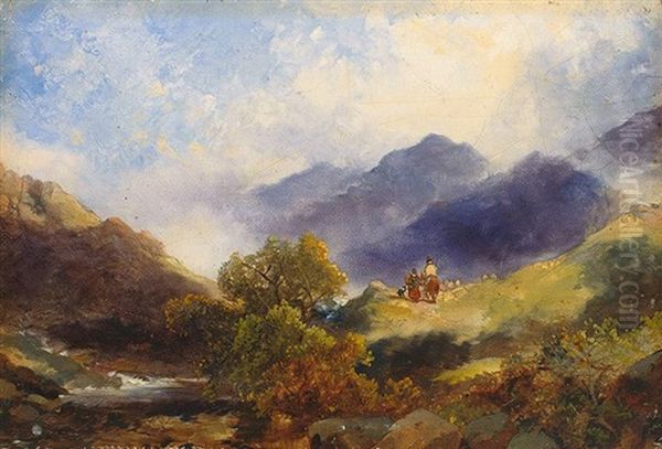 Besonnte Gebirgslandschaft Mit Wildbach Und Figurenstaffage Oil Painting by Joseph Horlor