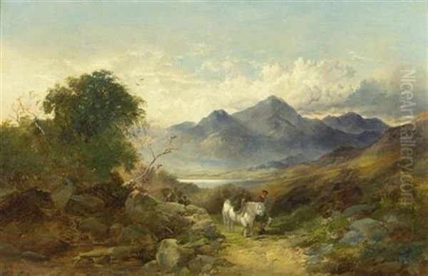 Landschaft Mit Pferden, Reiter Und Gebirge Im Hintergrund Oil Painting by Joseph Horlor